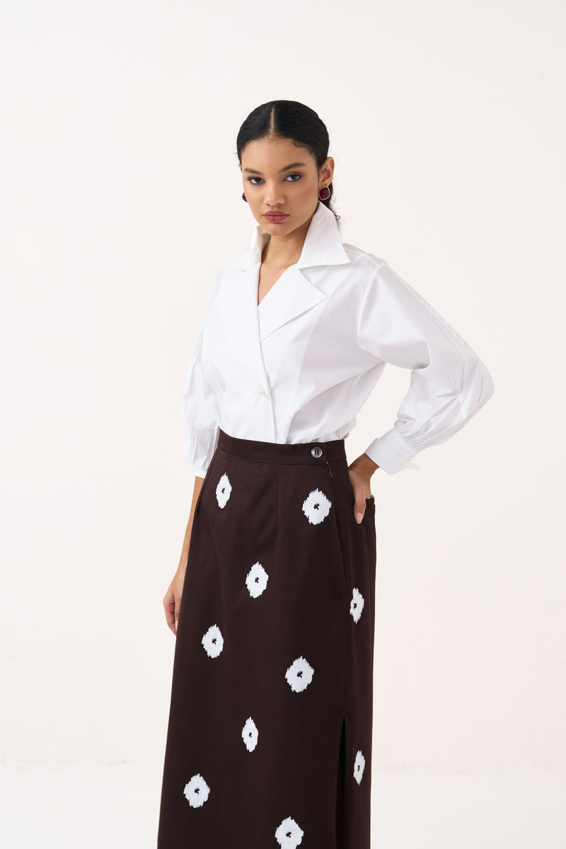 Hand Block Print Skirt Co-Ord (Set Of 2)-Dark Brown hard cotton twill co-ord set by THREE in brown, white for women Worldwide