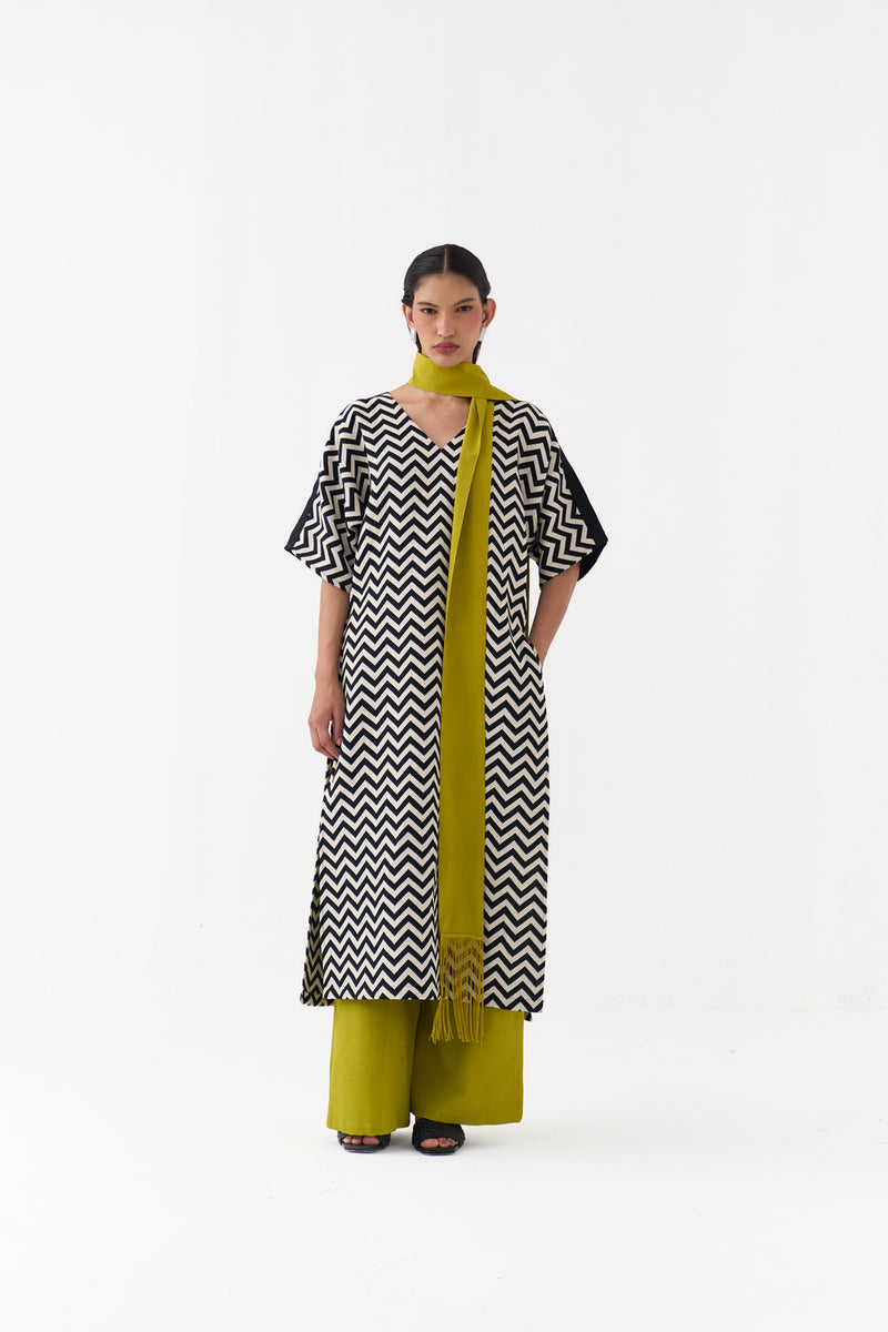 V Neck Kaftan-Black Chevron handwoven cotton twill tunics/kaftan by THREE in black for women Worldwide