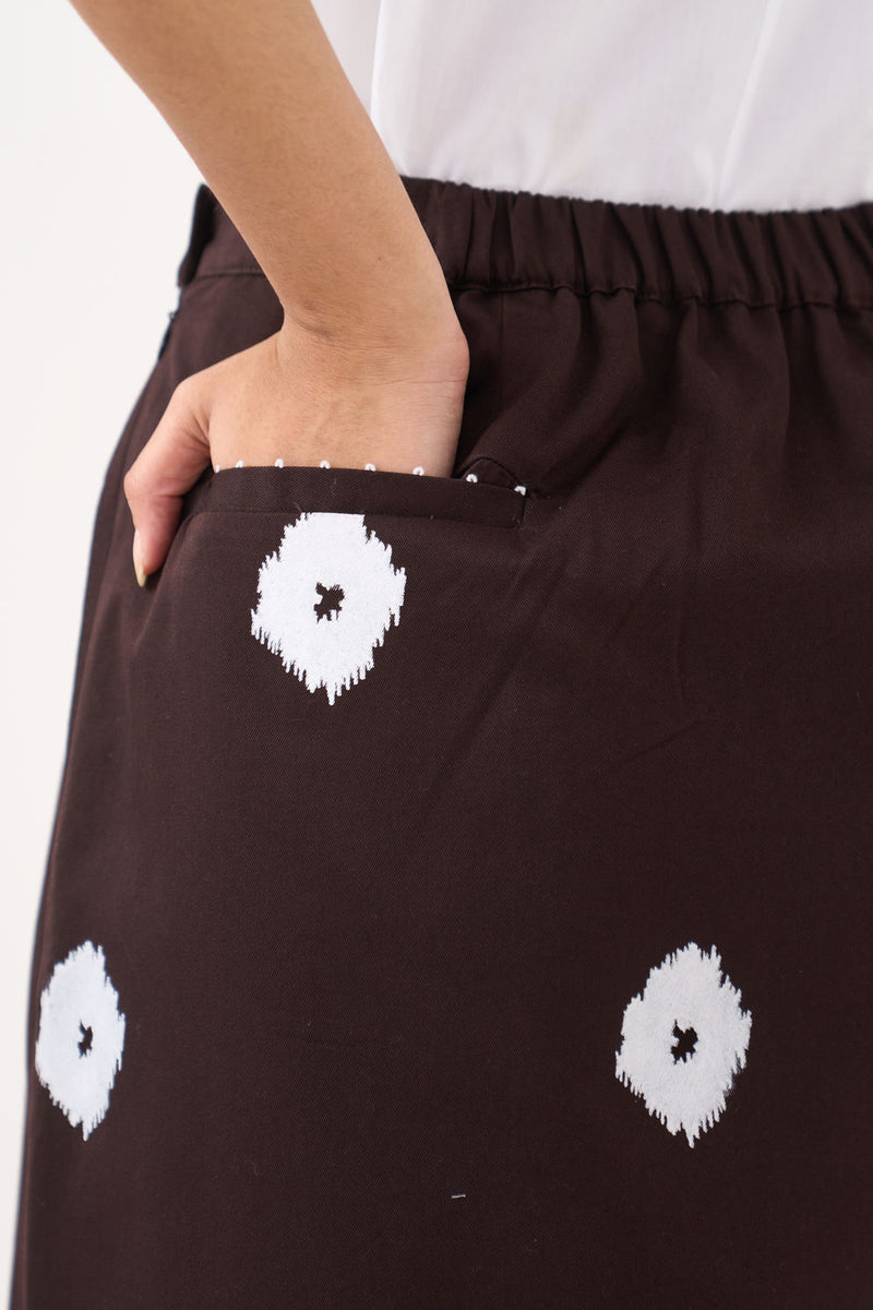 Hand Block Print Skirt-Dark Brown hard cotton twill skirt by THREE in brown for women Worldwide