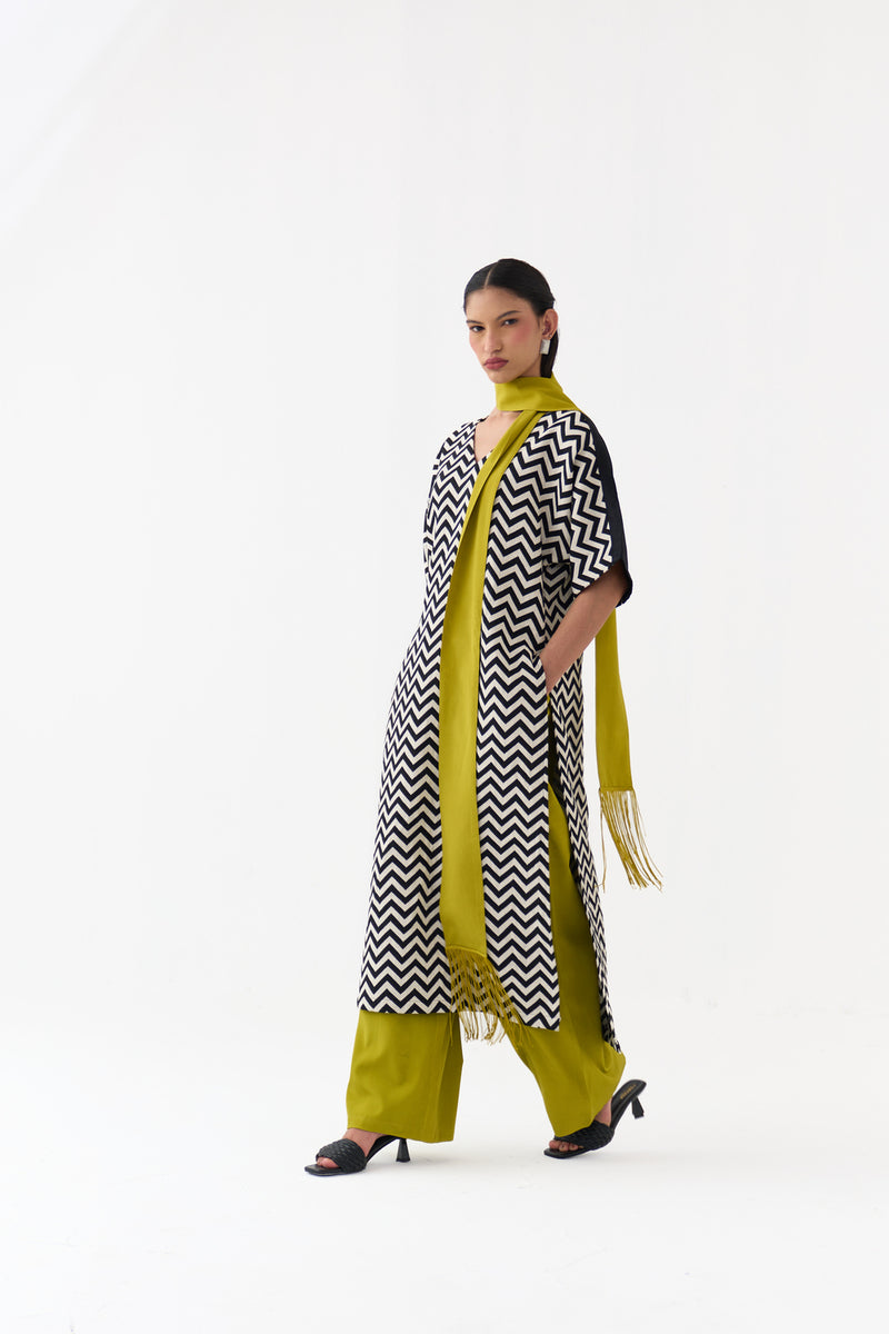 V Neck Kaftan-Black Chevron handwoven cotton twill tunics/kaftan by THREE in black for women Worldwide