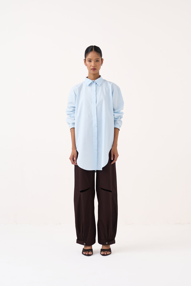 Back Floral Drawstring Shirt Co-Ord-Ice Blue & Cocoa Brown 100% cotton poplin co-ord set by THREE in ice blue for women Worldwide