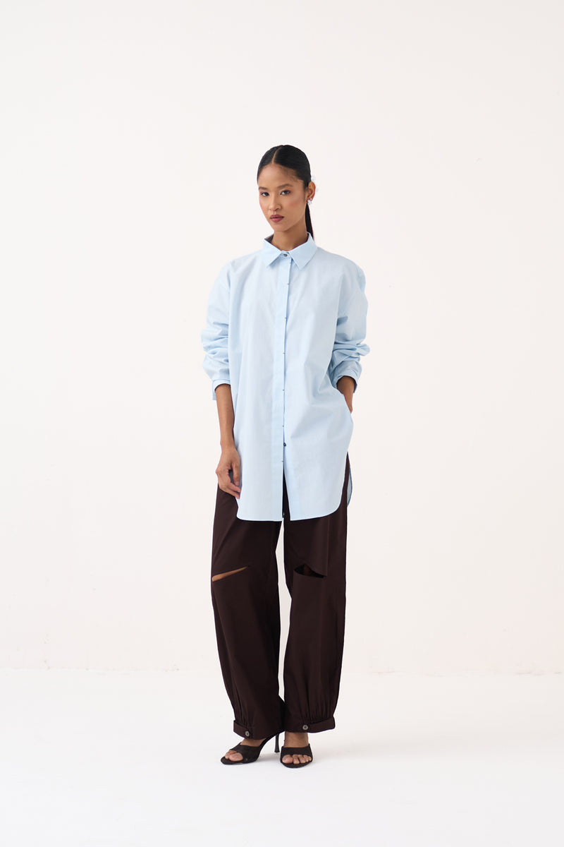Back Drawstring Floral Shirt Co-Ord-Cobalt Blue handwoven cotton co-ord set by THREE in cobalt blue for women Worldwide