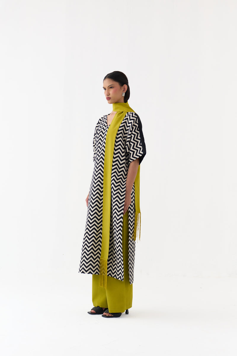 V Neck Kaftan-Black Chevron handwoven cotton twill tunics/kaftan by THREE in black for women Worldwide