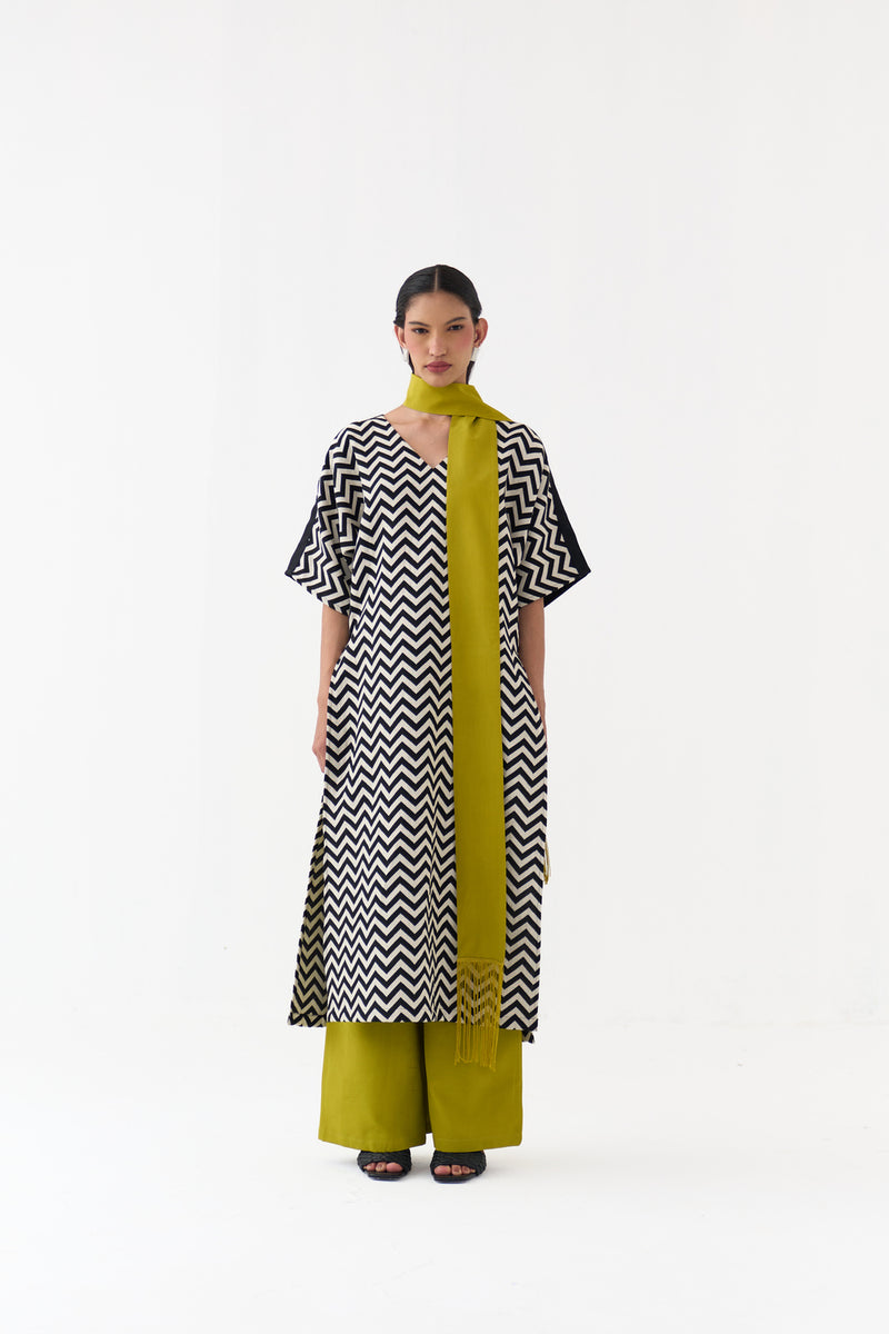 V Neck Kaftan-Black Chevron handwoven cotton twill tunics/kaftan by THREE in black for women Worldwide