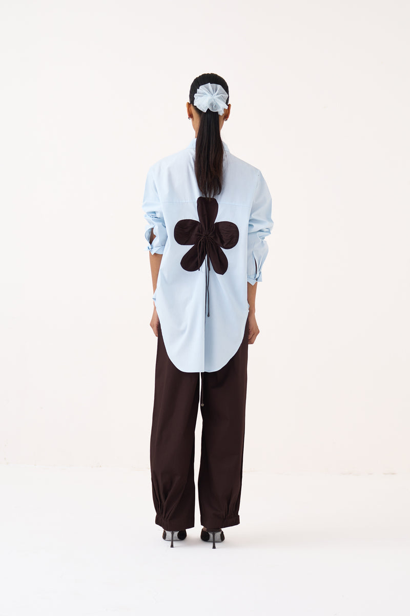 Back Drawstring Floral Shirt Co-Ord-Cobalt Blue handwoven cotton co-ord set by THREE in cobalt blue for women Worldwide