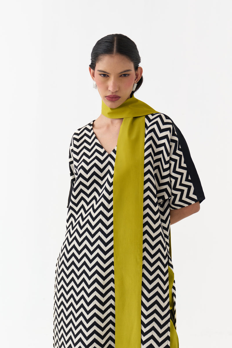 V Neck Kaftan-Black Chevron handwoven cotton twill tunics/kaftan by THREE in black for women Worldwide