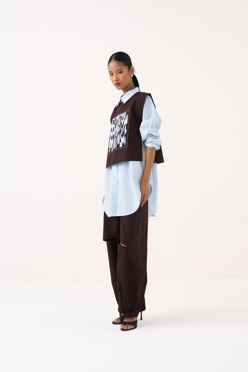 Emb. Patch Overlay Co-Ord (Set Of 3)-Cocoa Brown & Ice Blue 100% cotton poplin co-ord set by THREE in ice blue for women Worldwide
