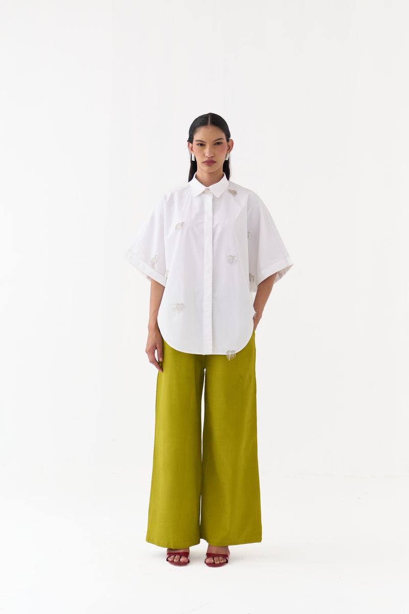 Hand Emb. Detail U-Hem Shirt-White 100% cotton poplin top/shirt by THREE in white for women Worldwide