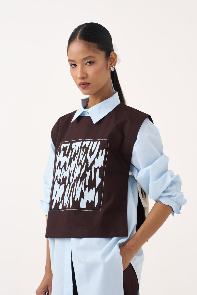 Emb. Patch Overlay (Set Of 2)-Cocoa Brown & Ice Blue 100% cotton poplin jacket/overlay by THREE in dark brown for women Worldwide