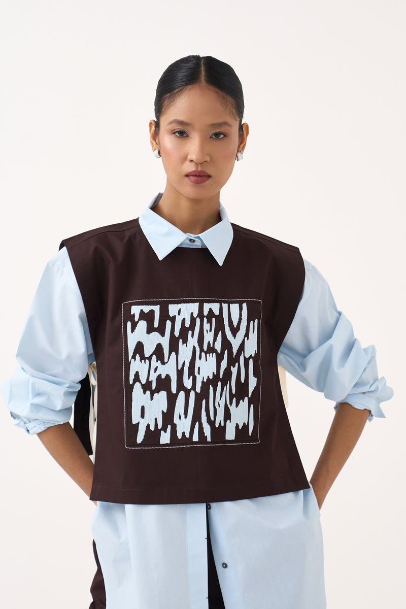 Emb. Patch Overlay Co-Ord (Set Of 3)-Cocoa Brown & Ice Blue 100% cotton poplin co-ord set by THREE in ice blue for women Worldwide