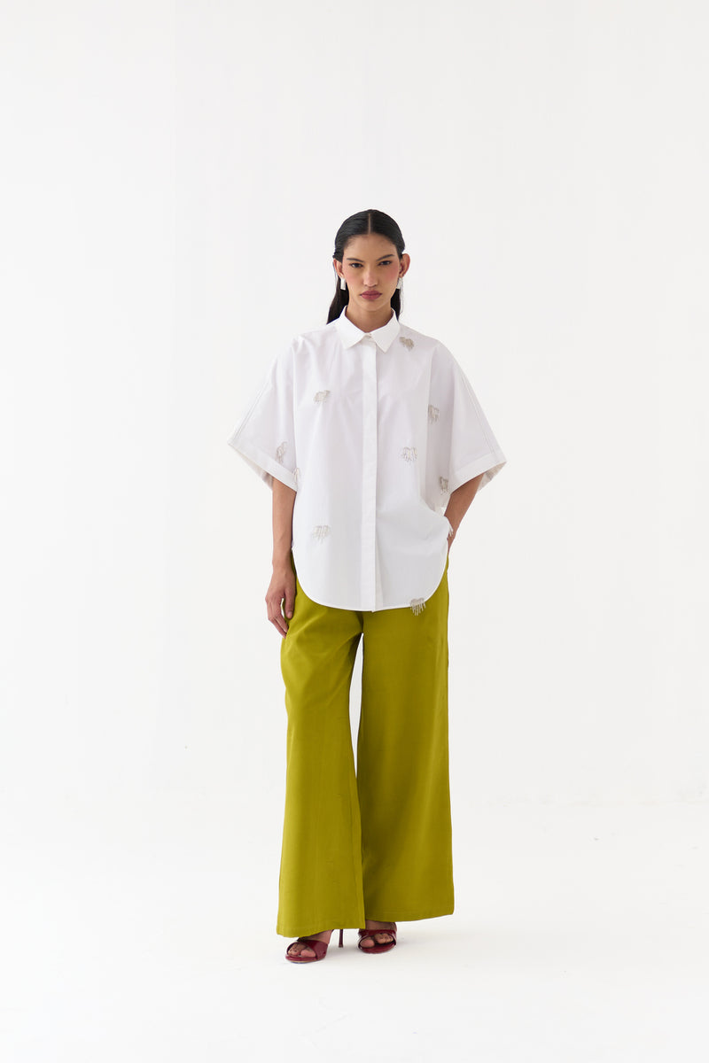 Hand Emb. Detail U-Hem Shirt-White 100% cotton poplin top/shirt by THREE in white for women Worldwide