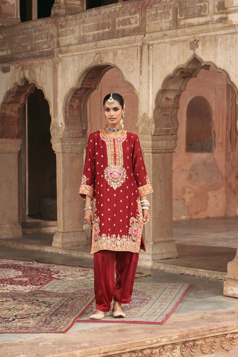 ANILA - DEEP RED SHORT KURTA WITH SALWAR chanderi silk kurta/kurta set by SHEETAL BATRA in red for women Worldwide