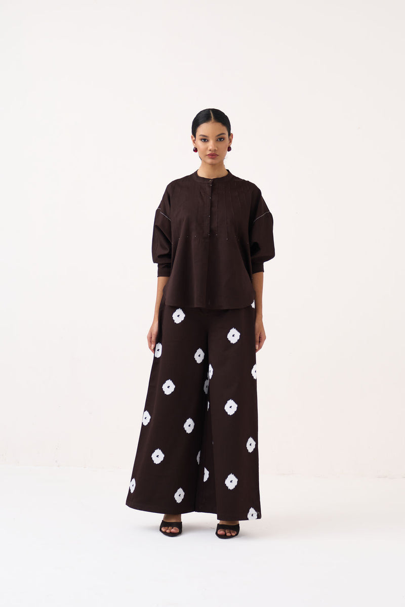 Pintuck Bat Sleeve Top Co-Ord (Set Of 2)-Dark Brown chanderi co-ord set by THREE in brown for women Worldwide