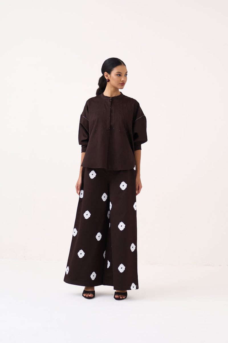Hand Block Print Bottom-Dark Brown hard cotton twill pant/trouser by THREE in brown for women Worldwide