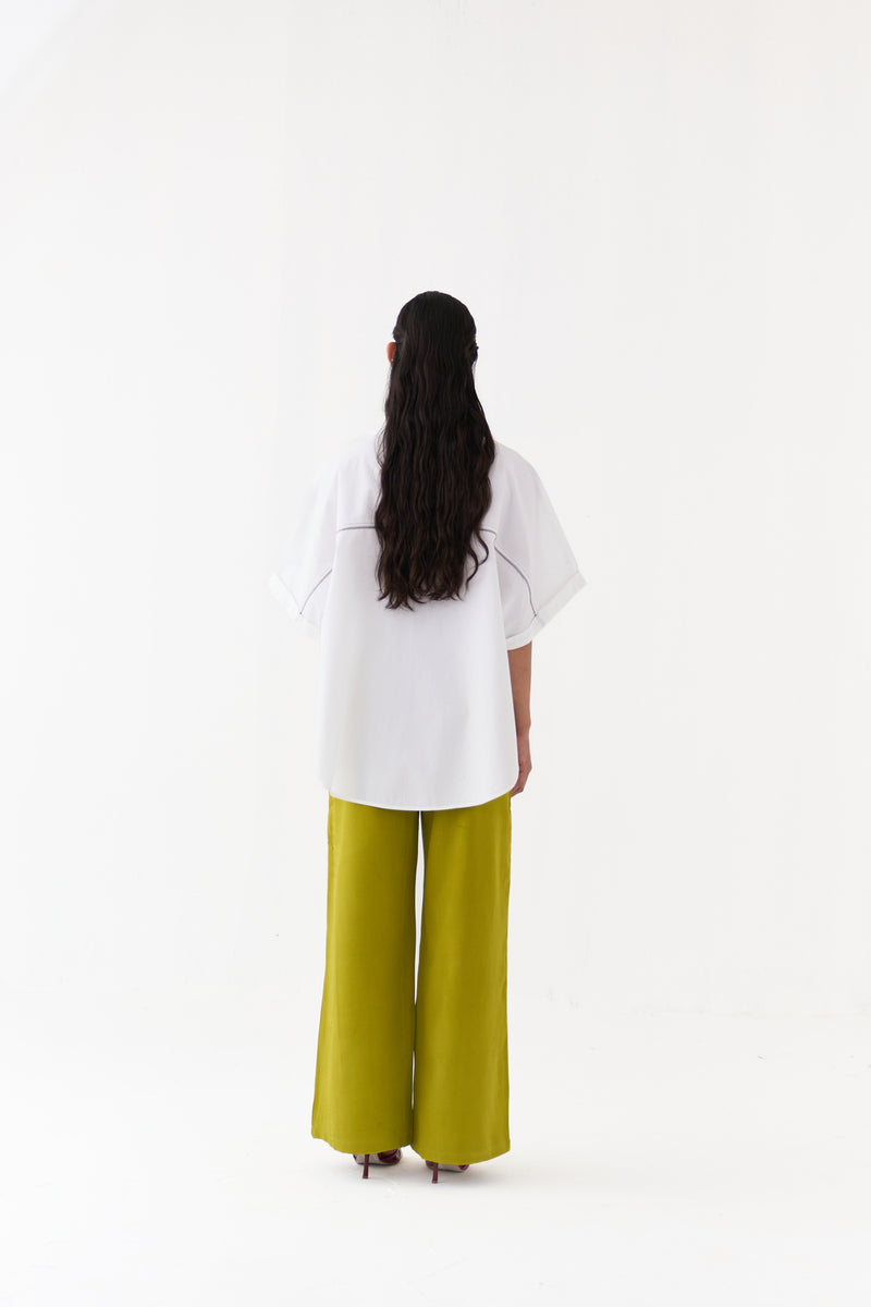 Hand Emb. Detail U-Hem Shirt Co-Ord-White 100% cotton poplin, crepe co-ord set by THREE in white for women Worldwide