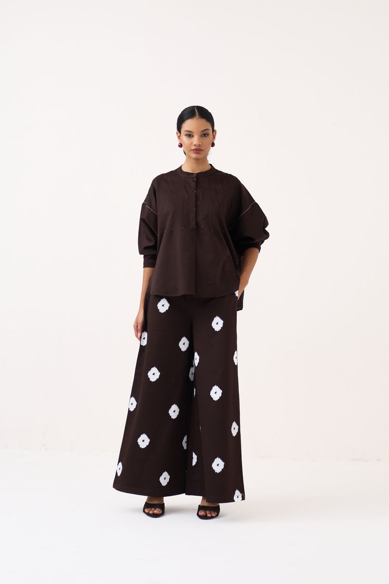 Hand Block Print Bottom-Dark Brown hard cotton twill pant/trouser by THREE in brown for women Worldwide