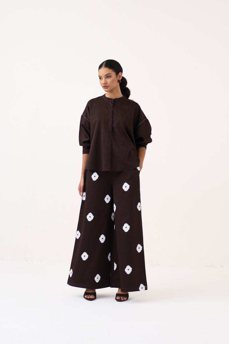 Hand Block Print Bottom-Dark Brown hard cotton twill pant/trouser by THREE in brown for women Worldwide