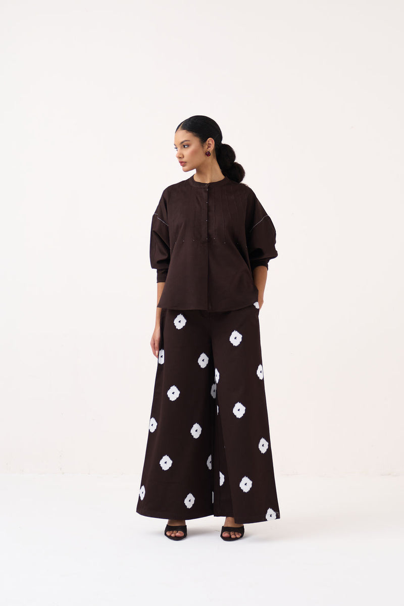 Pintuck Bat Sleeve Top Co-Ord (Set Of 2)-Dark Brown chanderi co-ord set by THREE in brown for women Worldwide