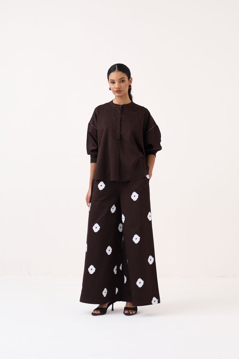 Hand Block Print Bottom-Dark Brown hard cotton twill pant/trouser by THREE in brown for women Worldwide