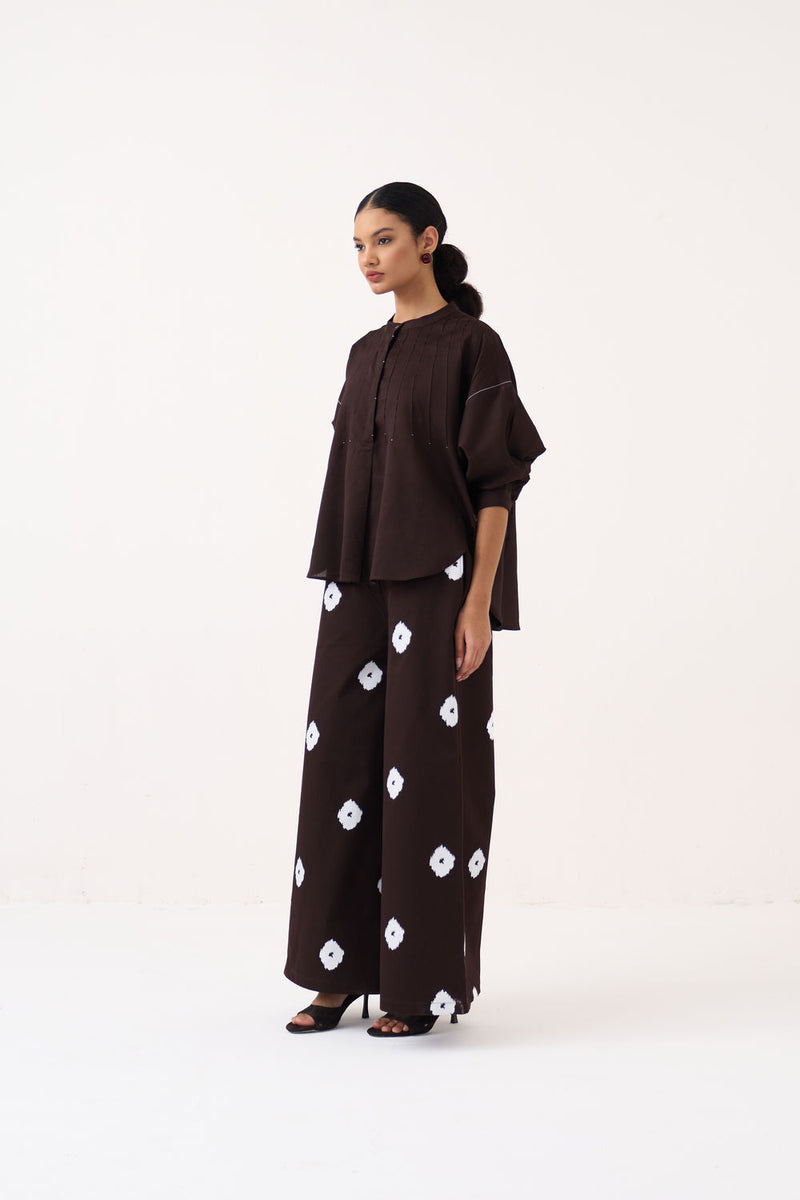 Pintuck Bat Sleeve Top Co-Ord (Set Of 2)-Dark Brown chanderi co-ord set by THREE in brown for women Worldwide