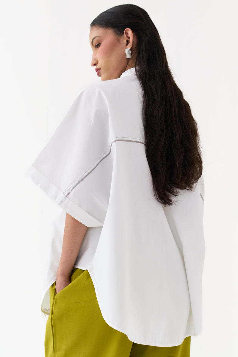 Hand Emb. Detail U-Hem Shirt-White 100% cotton poplin top/shirt by THREE in white for women Worldwide