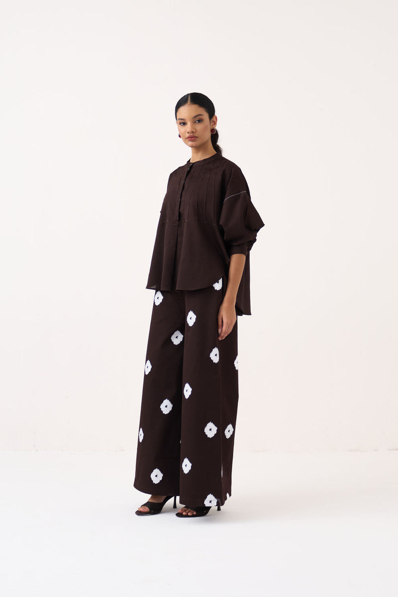 Hand Block Print Bottom-Dark Brown hard cotton twill pant/trouser by THREE in brown for women Worldwide