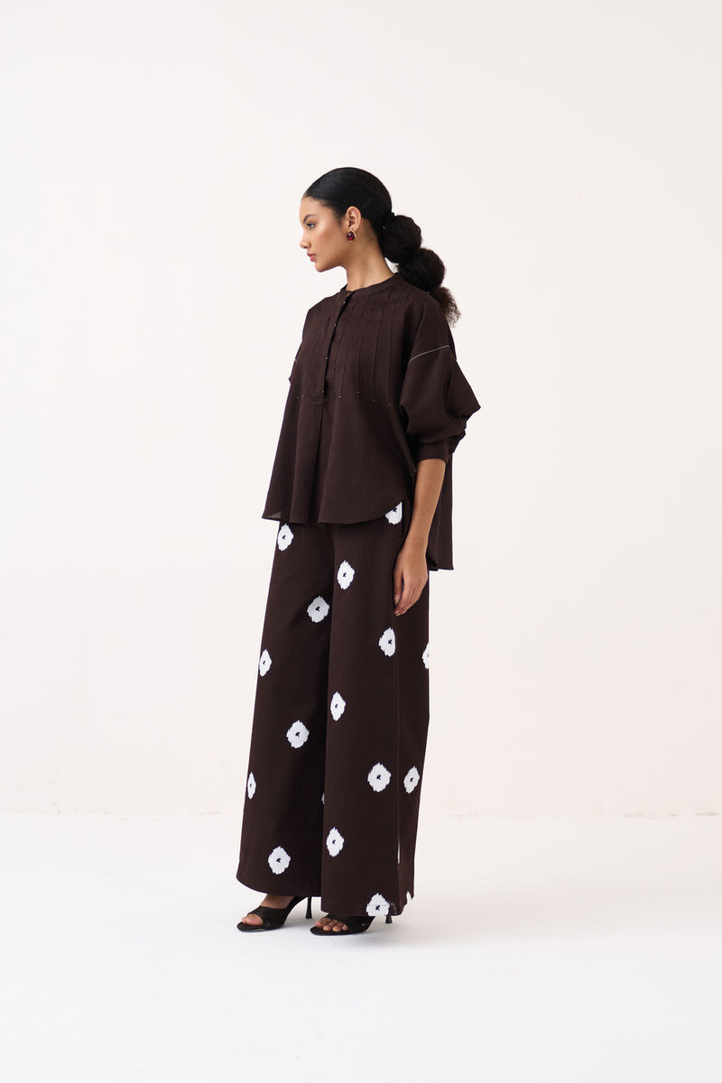 Hand Block Print Bottom-Dark Brown hard cotton twill pant/trouser by THREE in brown for women Worldwide