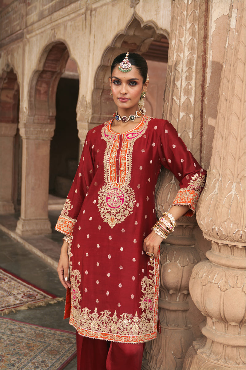 ANILA - DEEP RED SHORT KURTA WITH SALWAR chanderi silk kurta/kurta set by SHEETAL BATRA in red for women Worldwide