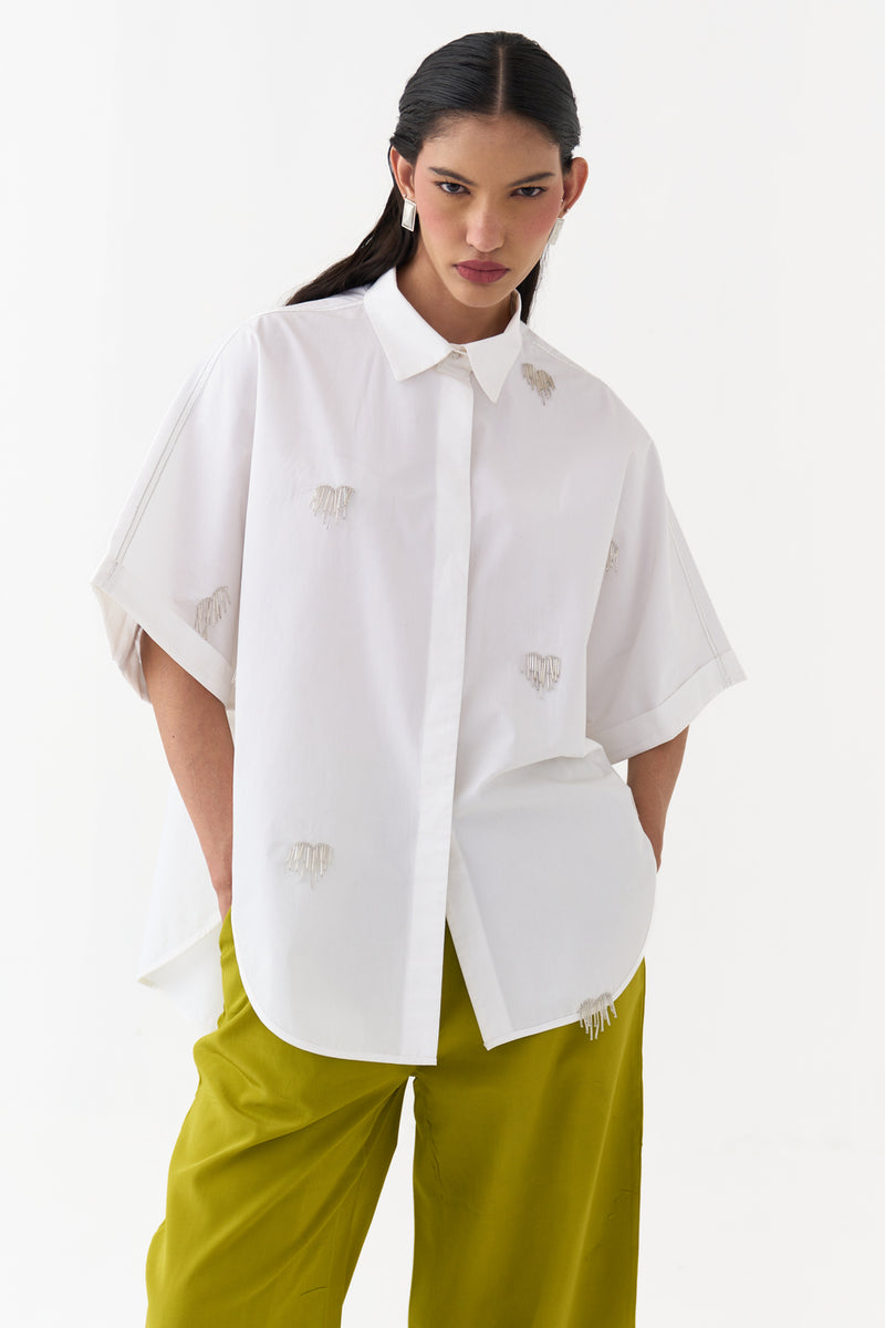 Hand Emb. Detail U-Hem Shirt-White 100% cotton poplin top/shirt by THREE in white for women Worldwide