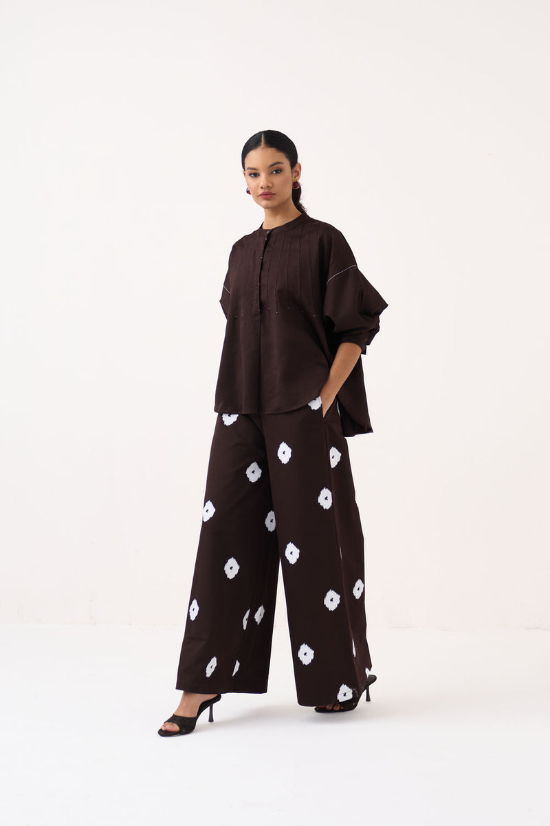 Hand Block Print Bottom-Dark Brown hard cotton twill pant/trouser by THREE in brown for women Worldwide