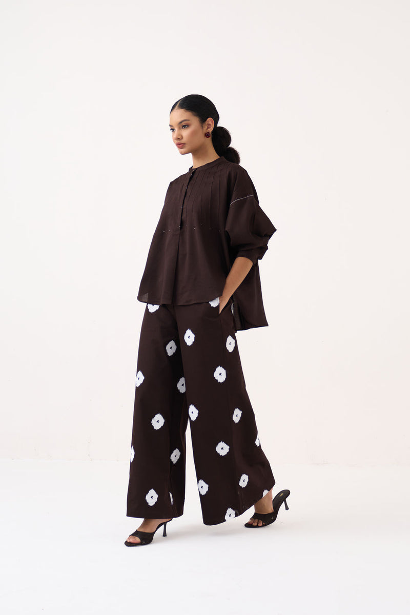 Pintuck Bat Sleeve Top Co-Ord (Set Of 2)-Dark Brown chanderi co-ord set by THREE in brown for women Worldwide