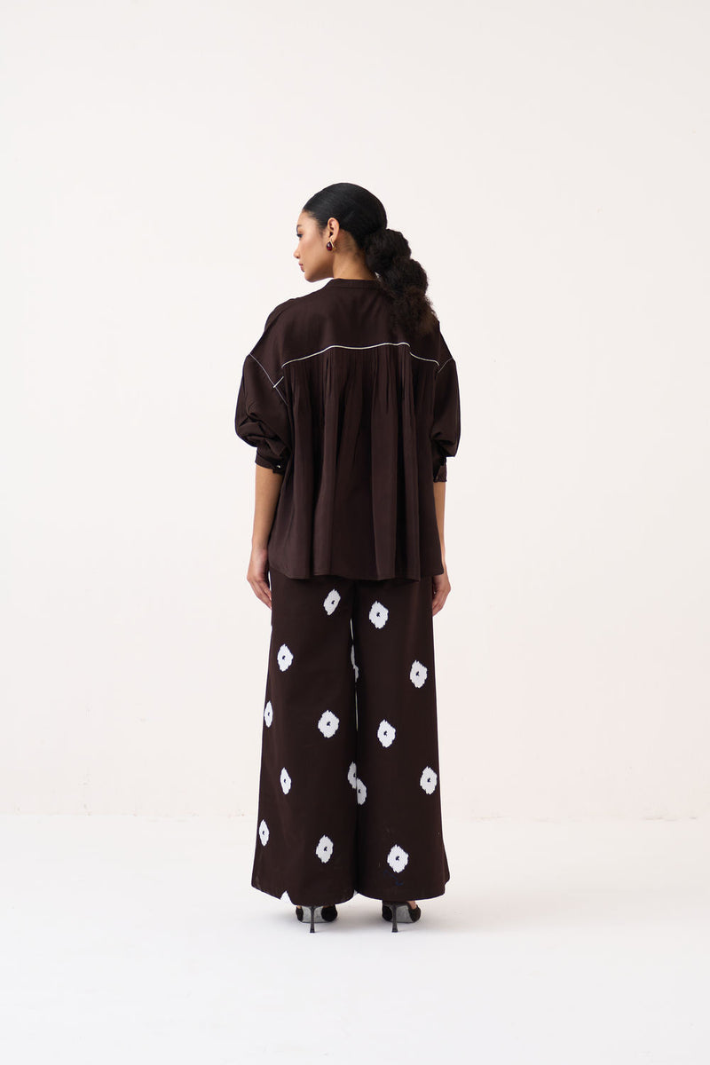 Hand Block Print Bottom-Dark Brown hard cotton twill pant/trouser by THREE in brown for women Worldwide