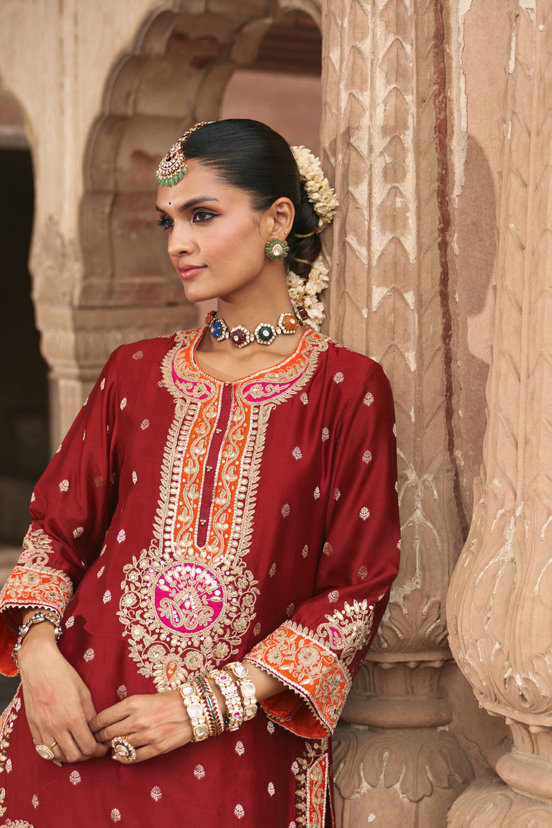 ANILA - DEEP RED SHORT KURTA WITH SALWAR chanderi silk kurta/kurta set by SHEETAL BATRA in red for women Worldwide
