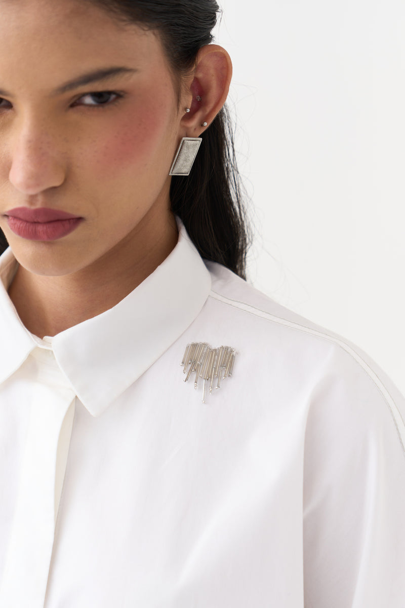 Hand Emb. Detail U-Hem Shirt-White 100% cotton poplin top/shirt by THREE in white for women Worldwide