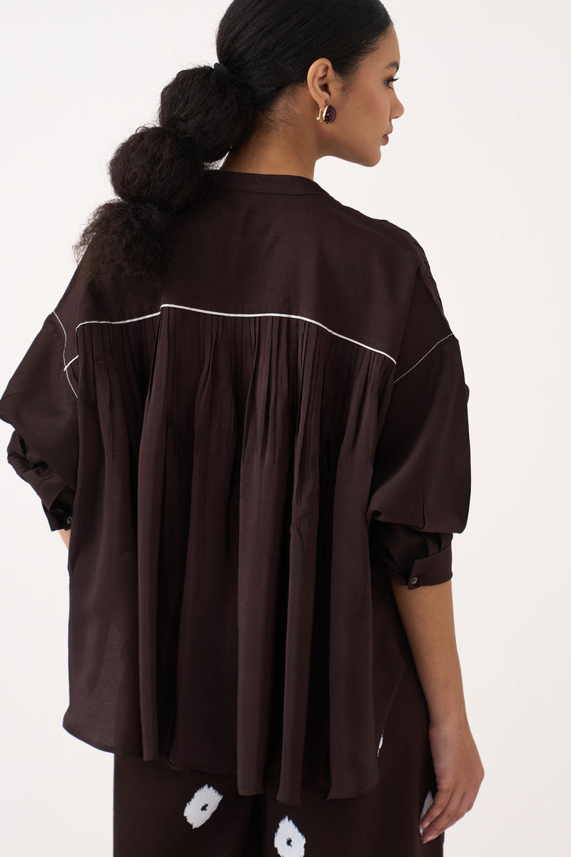 Pintuck Bat Sleeve Top-Dark Brown chanderi top/shirt by THREE in brown for women Worldwide