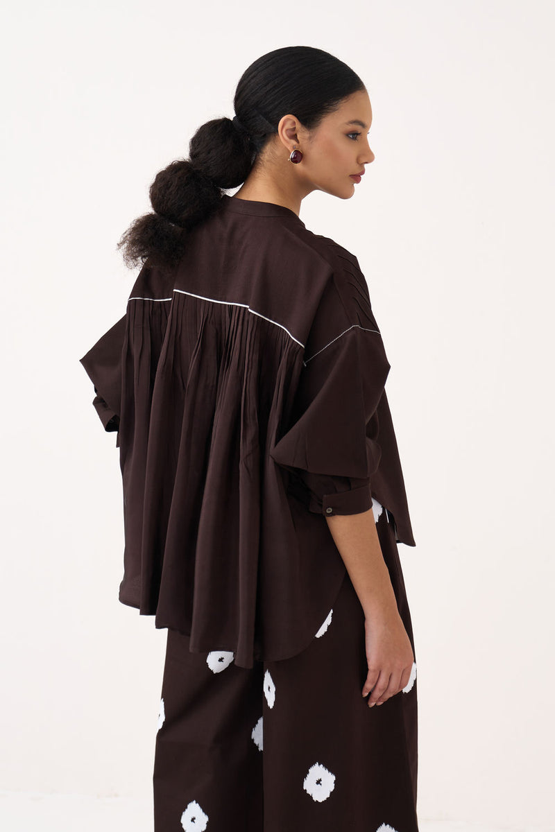 Pintuck Bat Sleeve Top-Dark Brown chanderi top/shirt by THREE in brown for women Worldwide