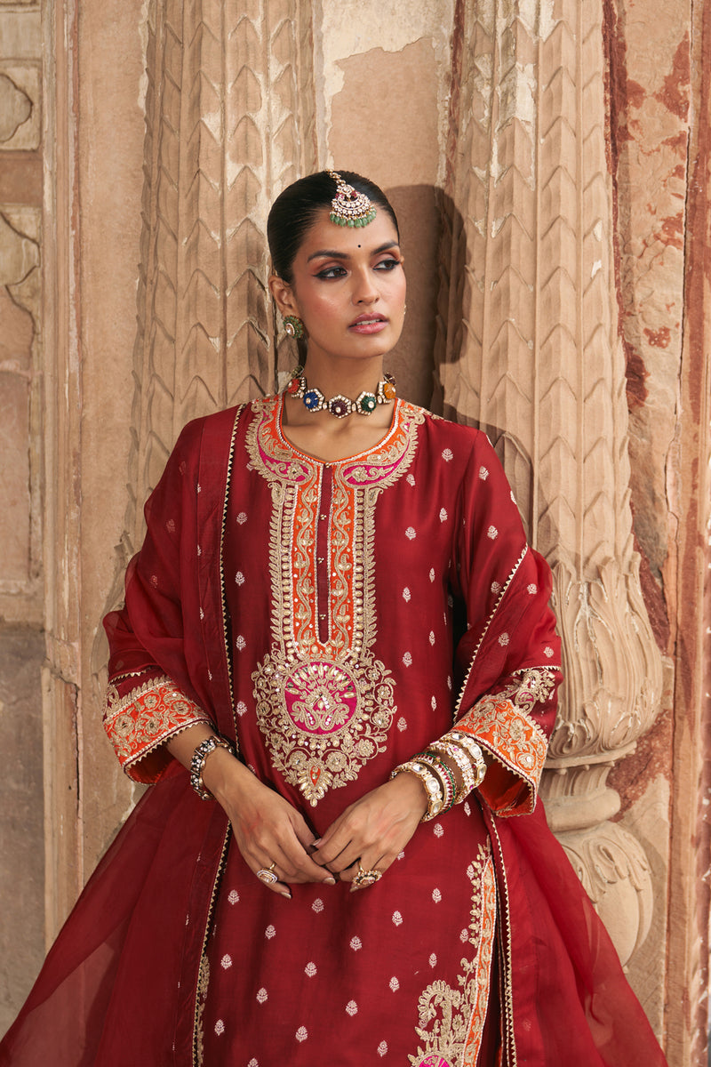 ANILA - DEEP RED SHORT KURTA WITH SALWAR chanderi silk kurta/kurta set by SHEETAL BATRA in red for women Worldwide