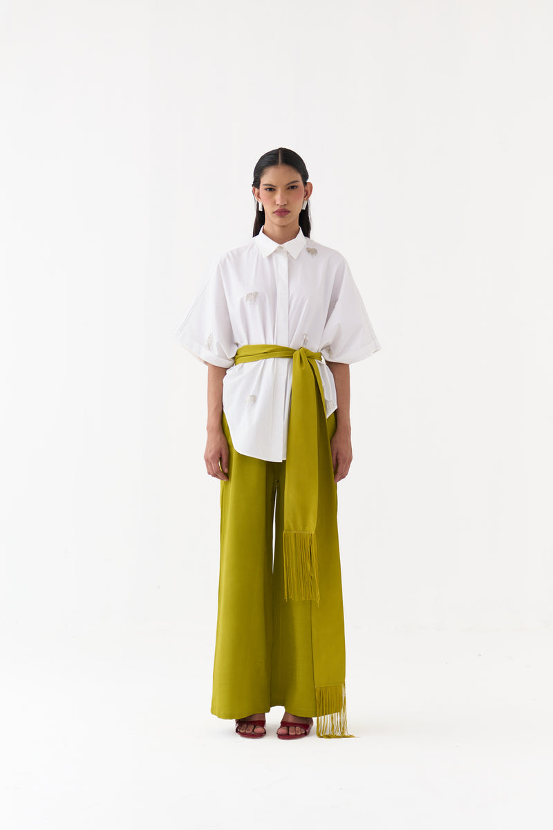 Hand Emb. Detail U-Hem Shirt Co-Ord-White 100% cotton poplin, crepe co-ord set by THREE in white for women Worldwide