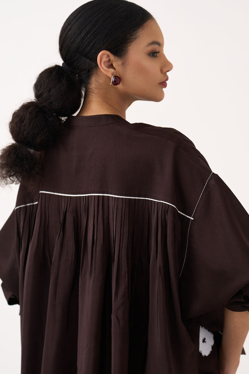 Pintuck Bat Sleeve Top Co-Ord (Set Of 2)-Dark Brown chanderi co-ord set by THREE in brown for women Worldwide