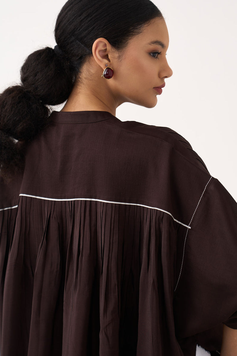 Pintuck Bat Sleeve Top-Dark Brown chanderi top/shirt by THREE in brown for women Worldwide