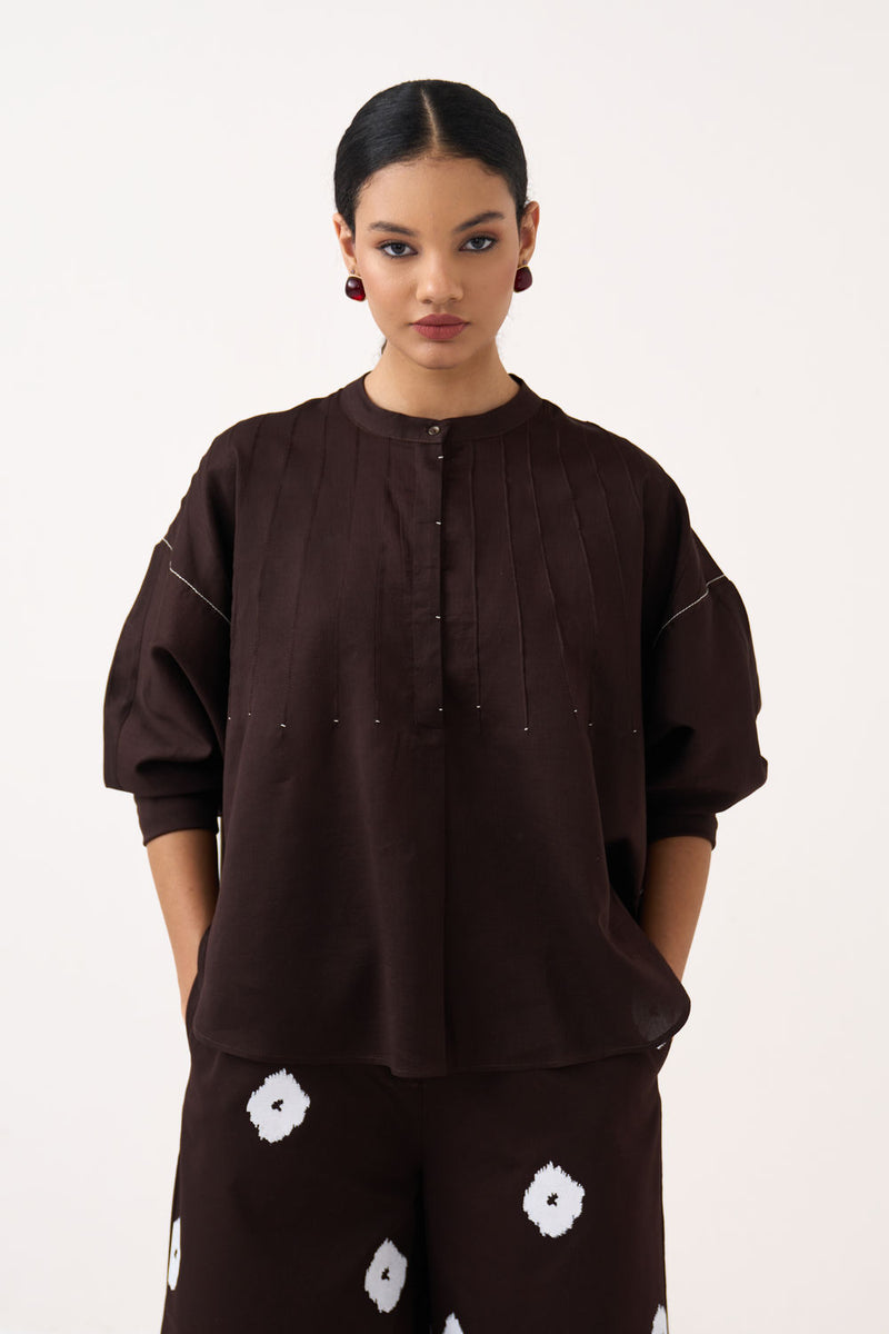 Pintuck Bat Sleeve Top-Dark Brown chanderi top/shirt by THREE in brown for women Worldwide