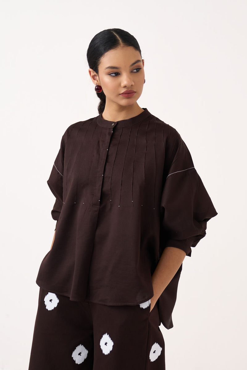 Pintuck Bat Sleeve Top-Dark Brown chanderi top/shirt by THREE in brown for women Worldwide