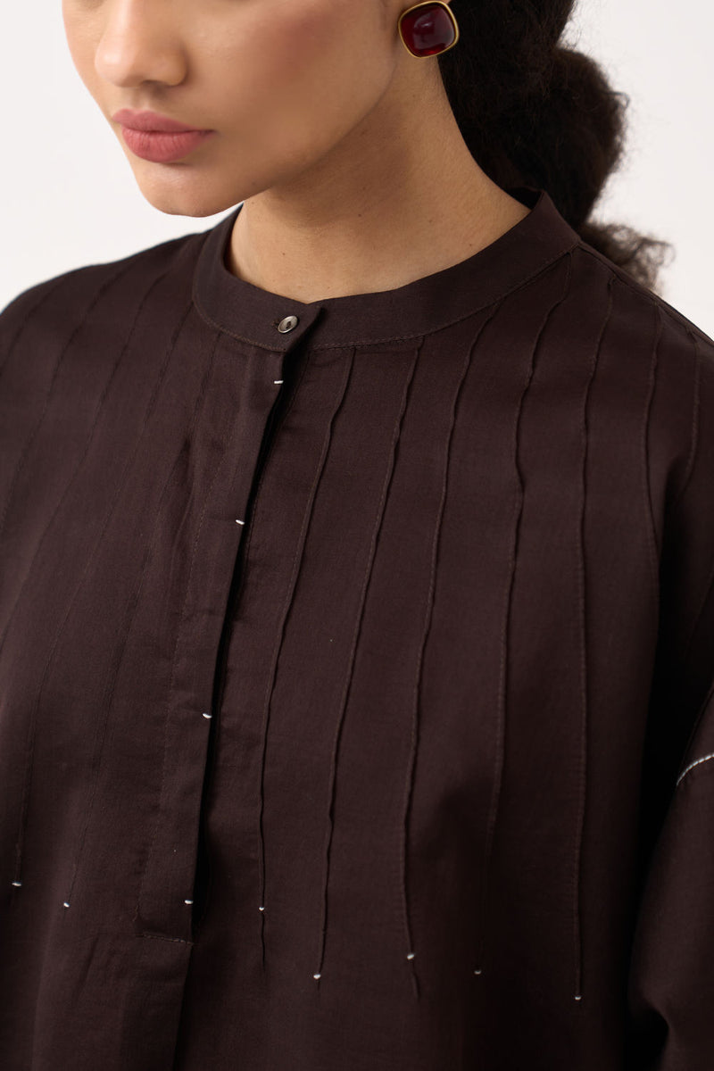 Pintuck Bat Sleeve Top-Dark Brown chanderi top/shirt by THREE in brown for women Worldwide