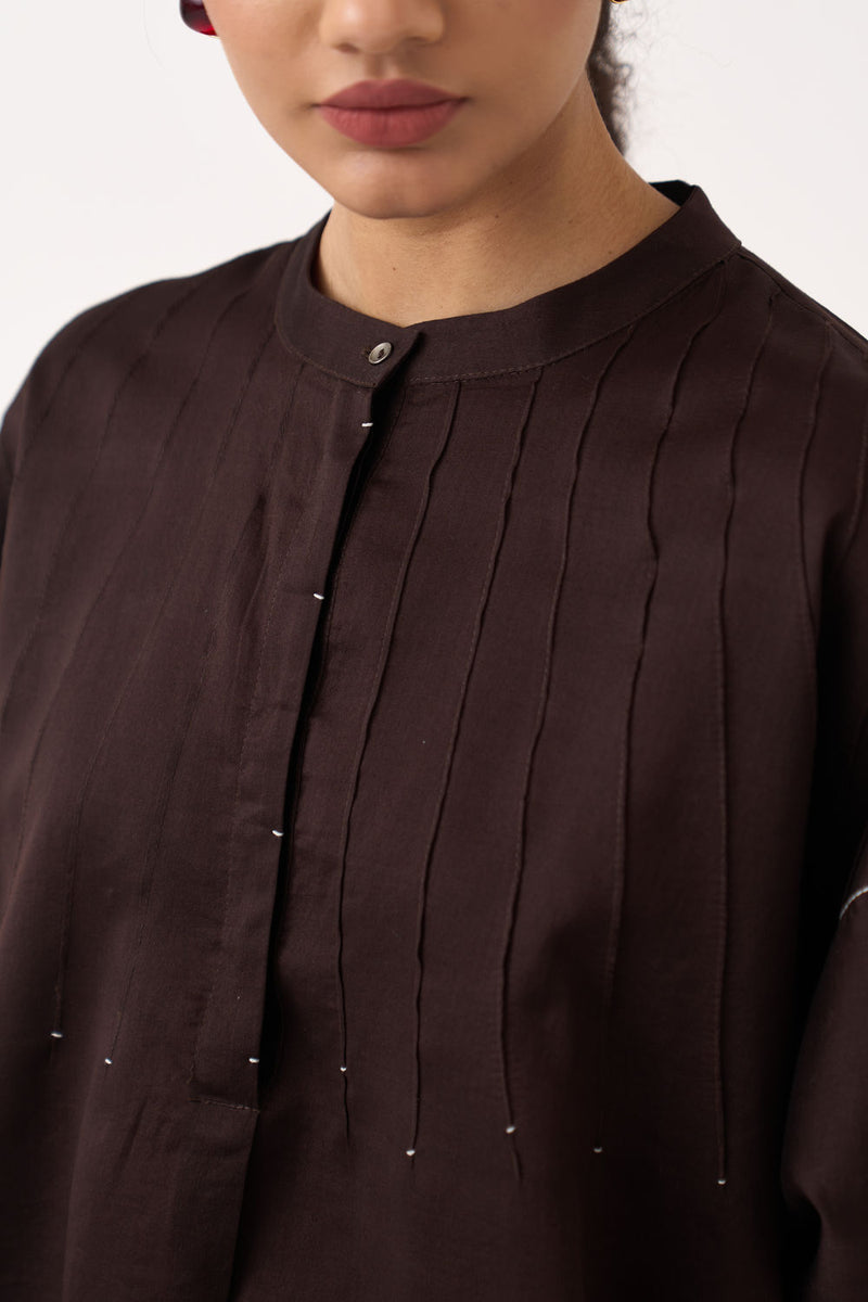 Pintuck Bat Sleeve Top Co-Ord (Set Of 2)-Dark Brown chanderi co-ord set by THREE in brown for women Worldwide