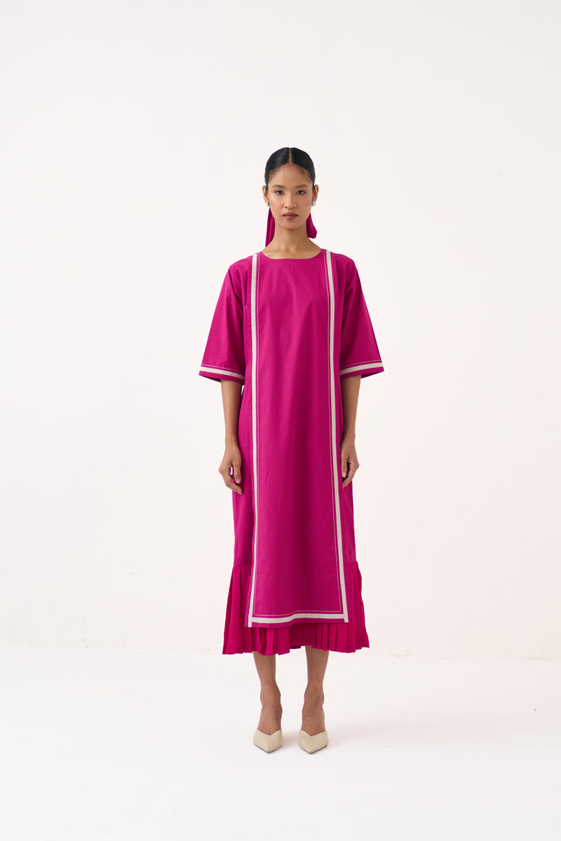 Apron Dress-Bright Berry poplin dress by THREE in pink for women Worldwide