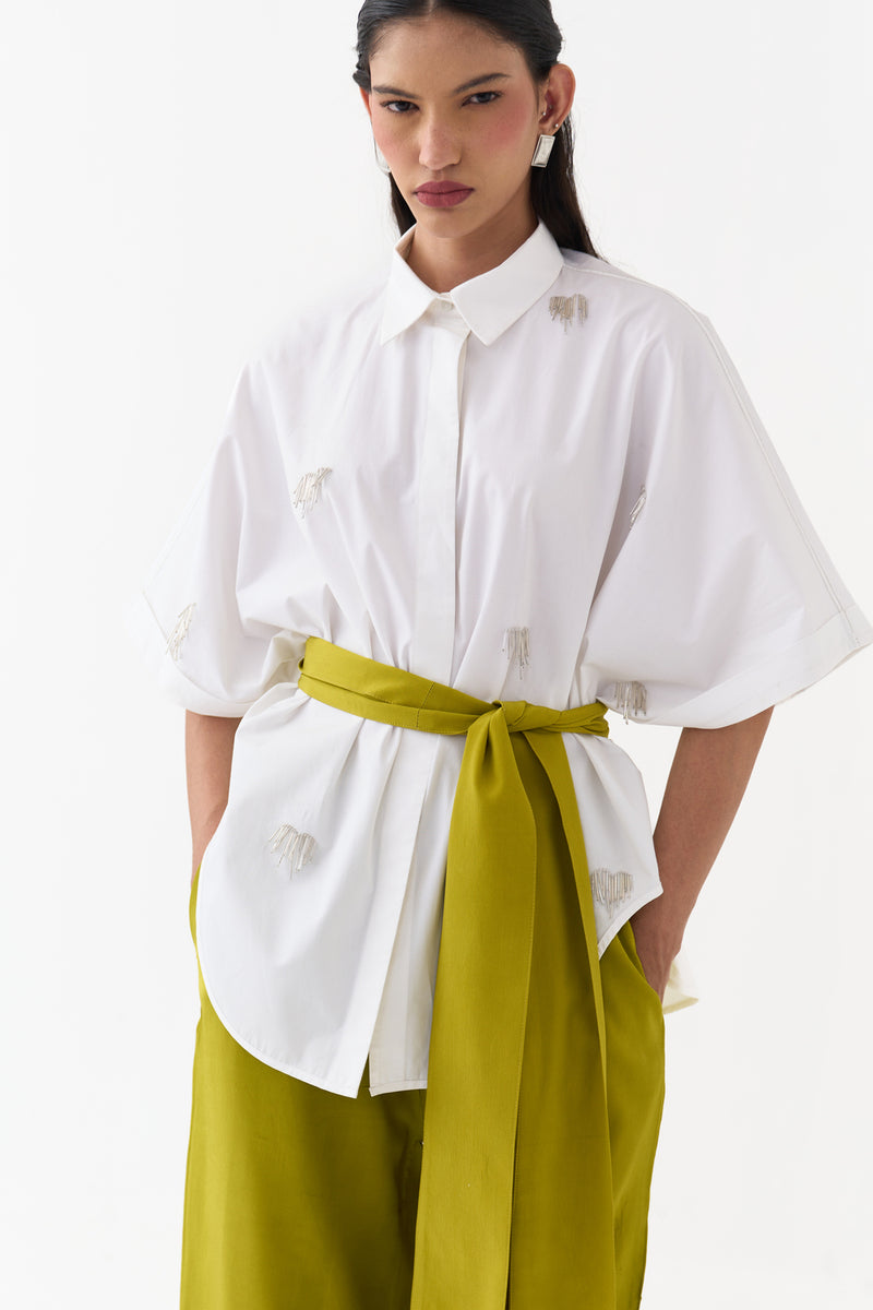 Hand Emb. Detail U-Hem Shirt-White 100% cotton poplin top/shirt by THREE in white for women Worldwide