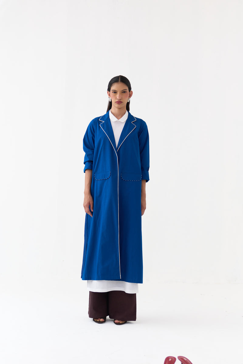 Splash Print Back Pleat Jacket-Cobalt Blue poplin, chanderi jacket/overlay by THREE in blue for women Worldwide