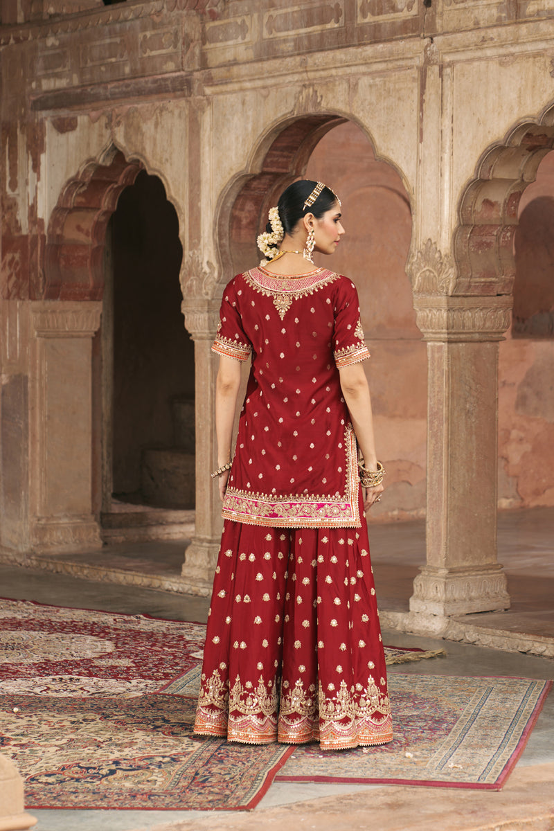 SAMREEN - DEEP RED SHORT KURTA WITH SHARARA AND DUPATTA silk chanderi kurta/kurta set by SHEETAL BATRA in red for women Worldwide