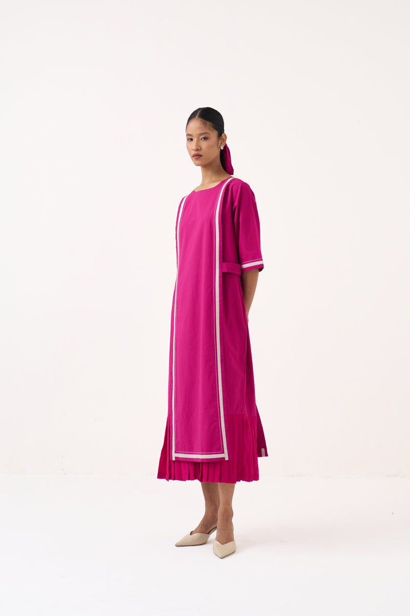Apron Dress-Bright Berry poplin dress by THREE in pink for women Worldwide
