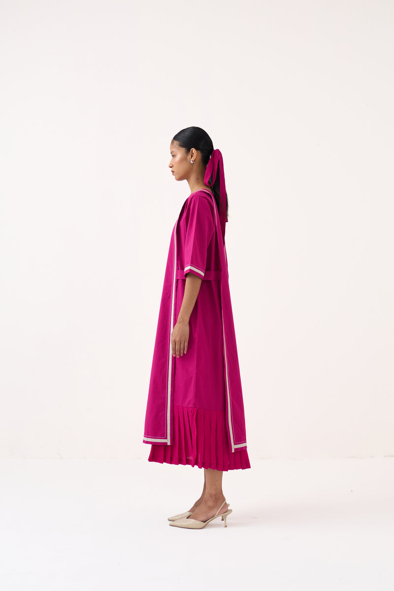 Apron Dress-Bright Berry poplin dress by THREE in pink for women Worldwide